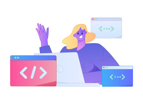 Programming teaching development flat character vector concept operation hand drawn illustration
