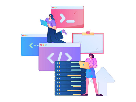 Programming teaching development flat character vector concept operation hand drawn illustration
