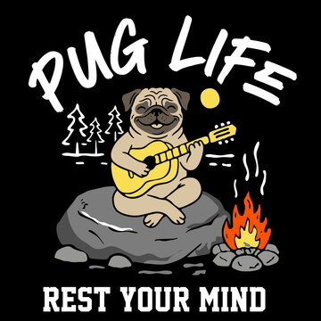 Pug playing guitar on rock.