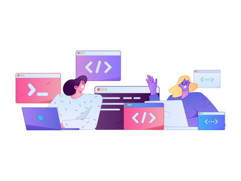 Programming teaching development flat character vector concept operation hand drawn illustration
