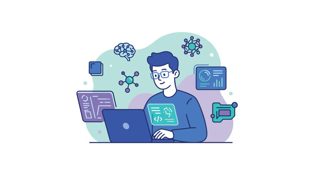 Young Software Developer Working on Laptop with AI Machine Learning and Data Science Icons