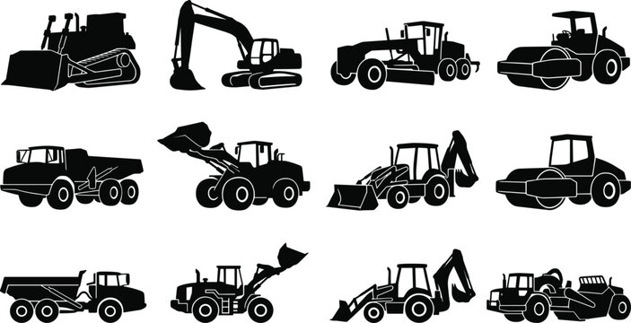 Heavy Construction Machinery Silhouette Set with Excavator Loader Roller Grader and Dump Truck