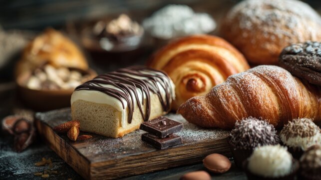 assortment of baked goods and chocolates including croissants and slices of cake on rustic wooden