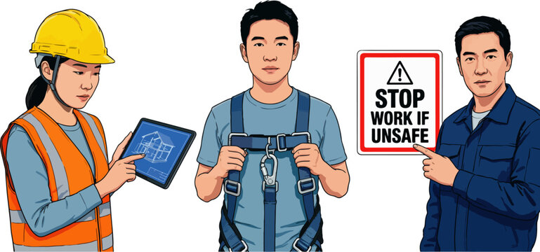 Illustration of three distinct worker safety training vignettes