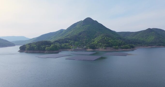 Aerial view of Boryeongho Lake and green mountains, South Korea