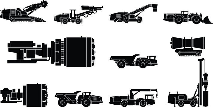 Mining and Tunneling Equipment Silhouette Set with Roadheader Drill Rig and Haul Truck