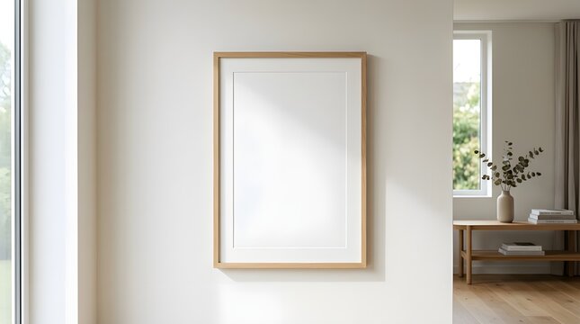 Minimalist blank vertical frame mounted on an interior wall. Elegant mockup scene ideal for posters, artwork, branding, and modern home decor presentations.