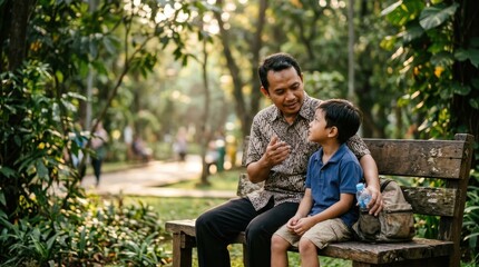 Fototapeta premium Indonesian father in batik shirt talking to young son on wooden park bench; lush sunny public garden background; outdoor family bonding moment in Indonesia.