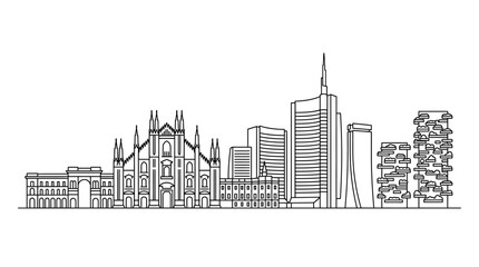 Obraz premium Minimalist black line art vector of Milan skyline, Italy, featuring Duomo di Milano, Bosco Verticale, UniCredit Tower, and Allianz Tower in a flat architectural outline style.