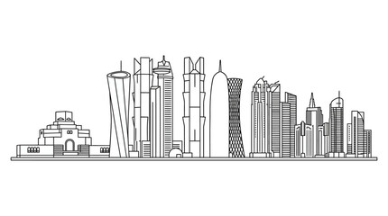 Fototapeta premium Minimalist black line art vector illustration of the Doha, Qatar city skyline featuring the Museum of Islamic Art and West Bay skyscrapers like Burj Doha and Tornado Tower on white.