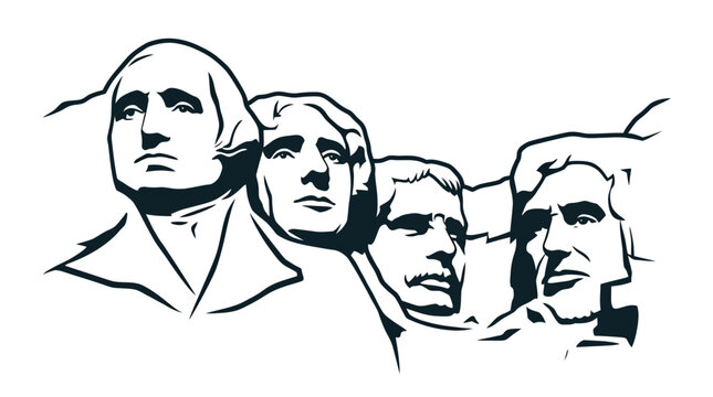 Minimalist black and white vector illustration of Mount Rushmore National Memorial featuring George Washington, Thomas Jefferson, Theodore Roosevelt, and Abraham Lincoln on white background.