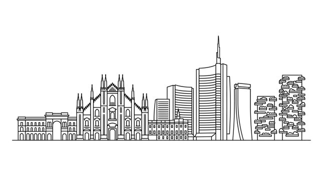 Minimalist black line art vector of Milan skyline, Italy, featuring Duomo di Milano, Bosco Verticale, UniCredit Tower, and Allianz Tower in a flat architectural outline style.