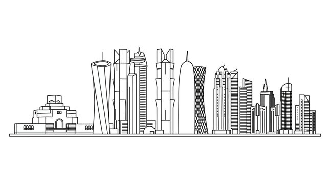 Minimalist black line art vector illustration of the Doha, Qatar city skyline featuring the Museum of Islamic Art and West Bay skyscrapers like Burj Doha and Tornado Tower on white.