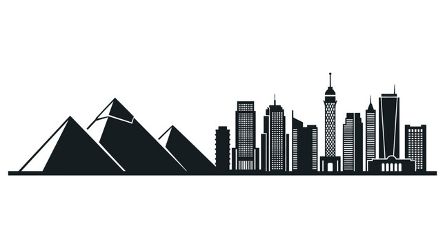 Minimalist black silhouette vector of the Cairo skyline featuring the Great Pyramids of Giza, the Cairo Tower, and modern urban skyscrapers isolated on a solid white background.