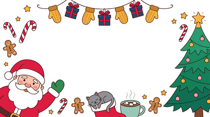 Fototapeta premium Christmas holiday frame background vector illustration with cute Santa Claus and tree