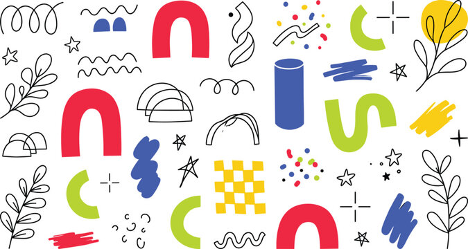 Abstract memphis geometric shape and doodle element set. Colorful arches, botanical leaves, wavy lines, stars, brush strokes and checkered pattern.