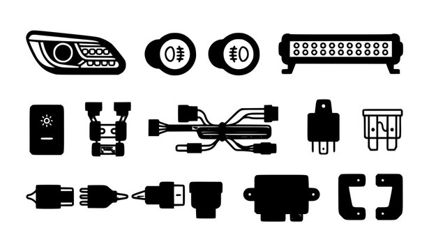 Modern Automotive Lighting System Components Flat Vector Icons with LED Headlights and Accessories