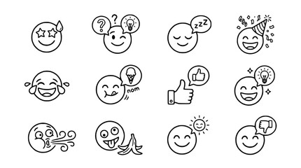 Fototapeta premium Set of hand-drawn emoji icons with different emotions and symbols, vector illustration