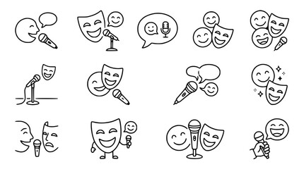Fototapeta premium Comedy And Tragedy Masks with Microphone Icons Set - Performance, Stand-up, Acting