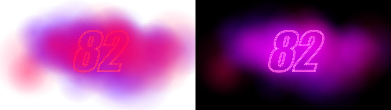 PNG image of Neon number 82 glowing typography, vibrant pink and purple light aura, retro futuristic eighty-two numeral design, luminous vaporwave aesthetic isolated on Transparent Background