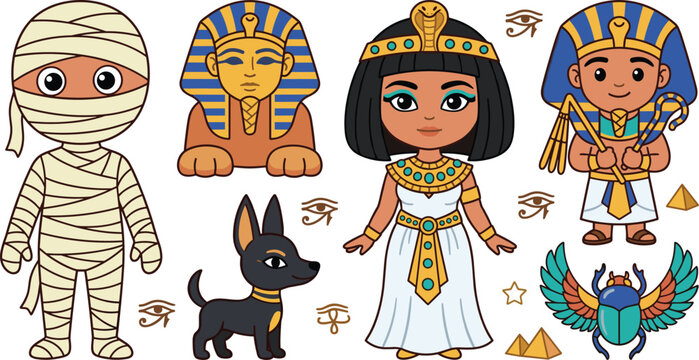 Ancient Egypt history and mythology cute cartoon character vector set. Cleopatra, pharaoh, mummy, sphinx, anubis dog, scarab beetle, eye of horus and pyramid.