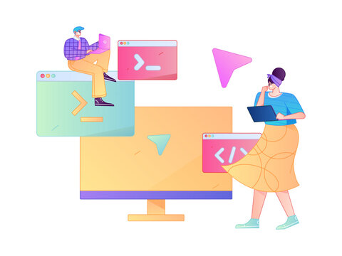 Programming teaching development flat character vector concept operation hand drawn illustration
