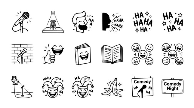 Comedy Show Icons Set: Microphone, Stage, Laughing Faces, Jester Hat, Banana Peel
