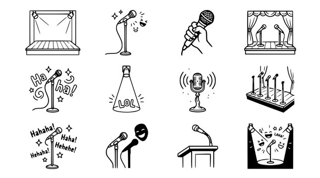 Comedy Show & Stand-Up Mic Icons: Stage, Laughter, Performance, Microphone & Audience Fun