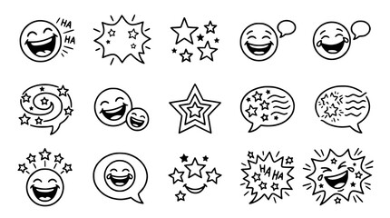 Obraz premium Happy Laughter Emoji Icons Set - Joyful Faces, Stars, Speech Bubbles, Comic Effects