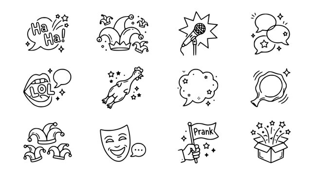 Comedy Icons Set: Laughter, Jokes, Performance, Pranks, and Fun Symbols