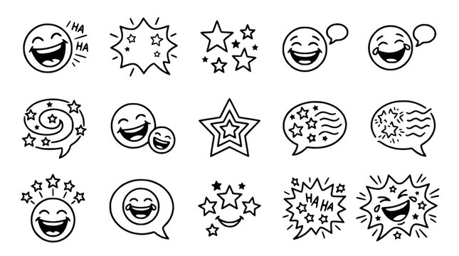 Happy Laughter Emoji Icons Set - Joyful Faces, Stars, Speech Bubbles, Comic Effects