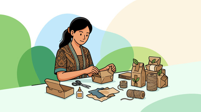 Vector illustration of a young Indonesian woman wearing batik, folding eco-friendly kraft paper packaging at a desk with sustainable materials like twine and boxes.