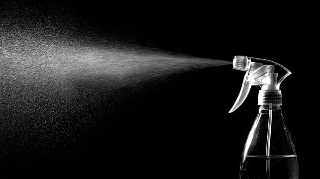 Transparent plastic spray bottle spraying fine water mist on black background, household cleaning moisturizing sprayer still life