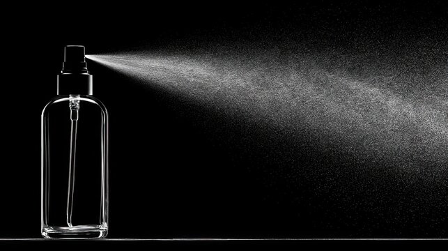 Transparent plastic spray bottle spraying fine water mist on black background, household cleaning moisturizing sprayer still life