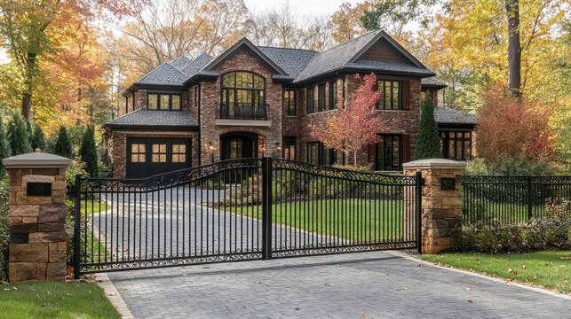 Grand, two-story brick home with a gated entrance surrounded by autumn foliage