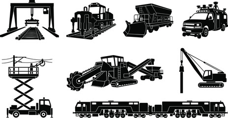 Obraz premium Railway Construction and Maintenance Equipment Silhouette Set with Track Machine Crane and Inspection Vehicle