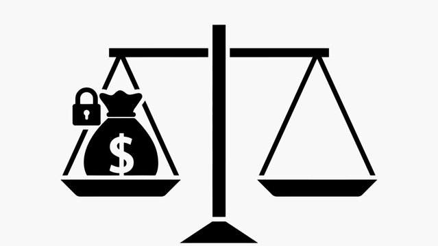 Black of a balance scale with a locked money bag on one side and empty pan on other padlock