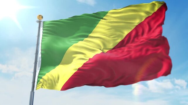 Republic of congo flag waving in wind on flagpole against sunny blue sky beautiful 3d animation.