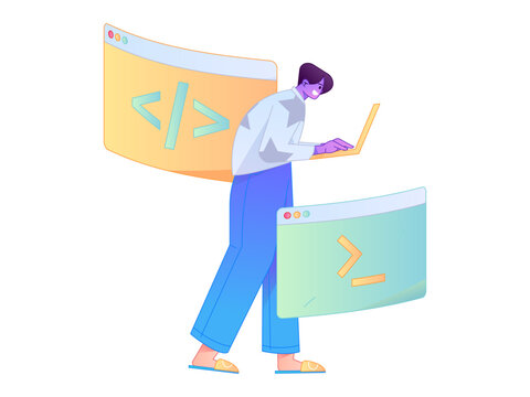 Programming teaching development flat character vector concept operation hand drawn illustration
