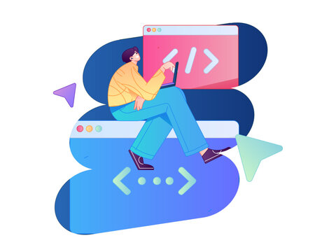 Programming teaching development flat character vector concept operation hand drawn illustration
