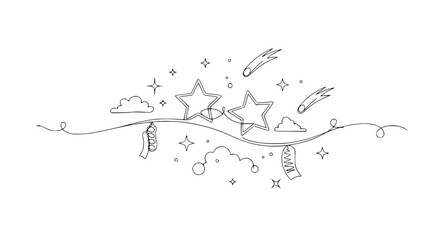 Hand-drawn doodle of stars, clouds, and shooting stars on a wavy line, whimsical sketch © Lancar