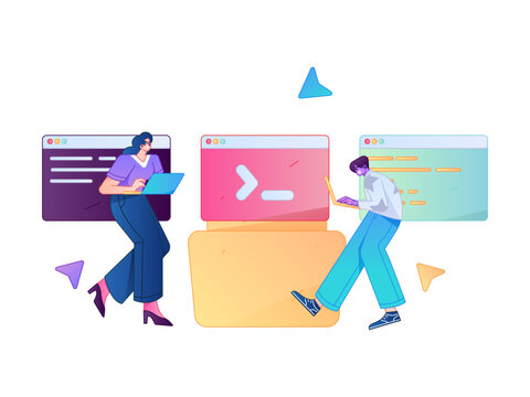 Programming teaching development flat character vector concept operation hand drawn illustration
