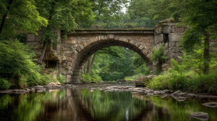 Fototapeta premium Tranquil Stone Bridge Over Calm Water Surrounded by Lush Greenery and Scenic Landscape in Nature's Embrace