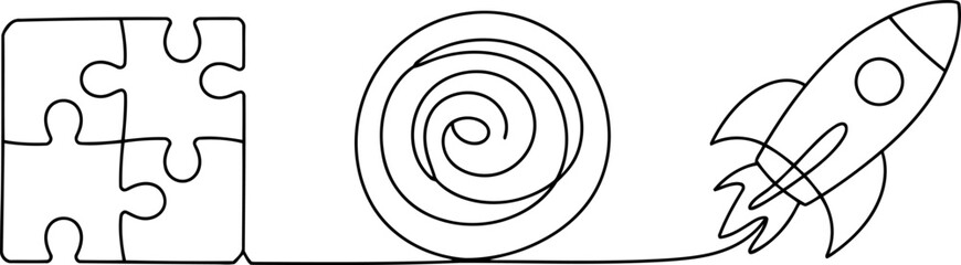 Naklejka premium Continuous line of puzzle pieces connected to a spiral leading to a rocket ship on a white