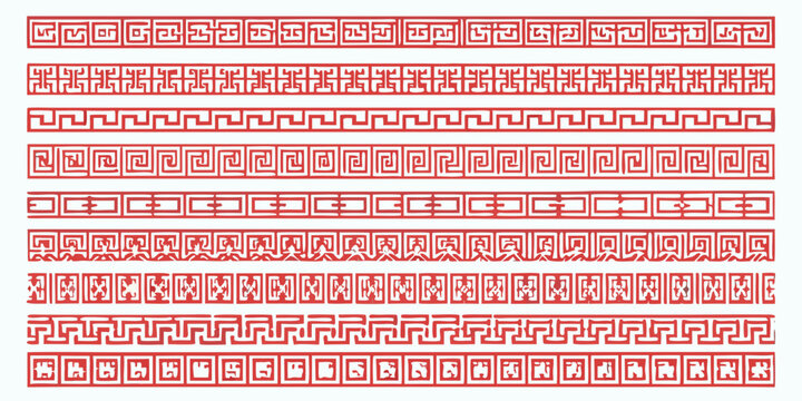Red ornamental borders on white background repeating geometric pattern