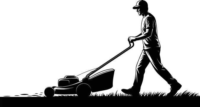 Gardener pushing a lawnmower through grass in a black and white silhouette