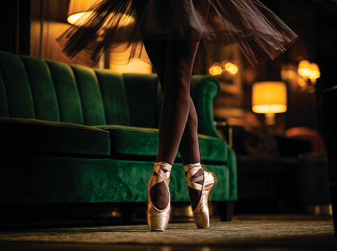 Ballerina legs in pink pointe shoes dancing in a dark room with green velvet couch ballerina performer practice