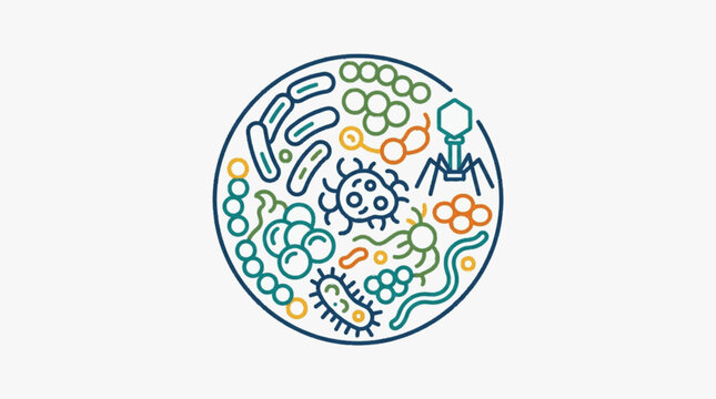 Microscopic organisms and viruses in a petri dish illustration.