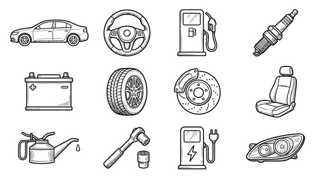 Car parts and tools icons set.