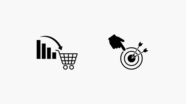 Showing declining sales graph into shopping cart and hand pointing at target with arrows